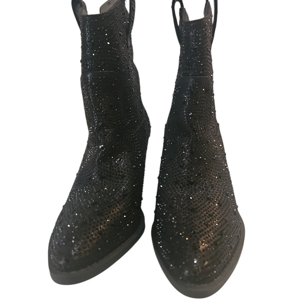 FOREVER RiverWomen Rhimestone Block Chunky Heel Black Glitter Ankle Boots Size 7 - Picture 6 of 13